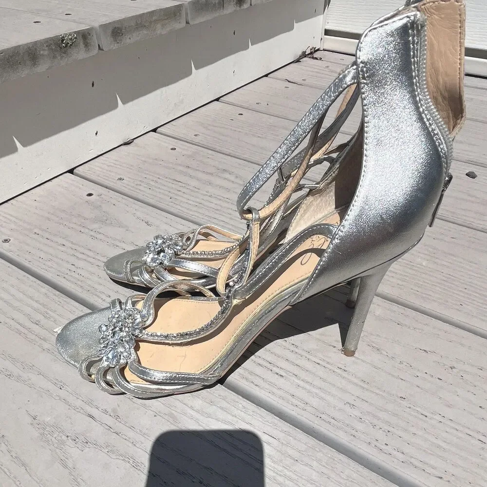 Jewel Badgley Mischka Silver Strappy Crystal Open Toe Stiletto Zip Heel US 10